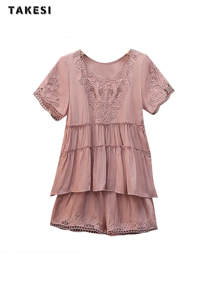 

Женский Повседневный комплект из двух предметов, однотонный ажурный топ с коротким рукавом и шорты с эластичным поясом, лето 2023