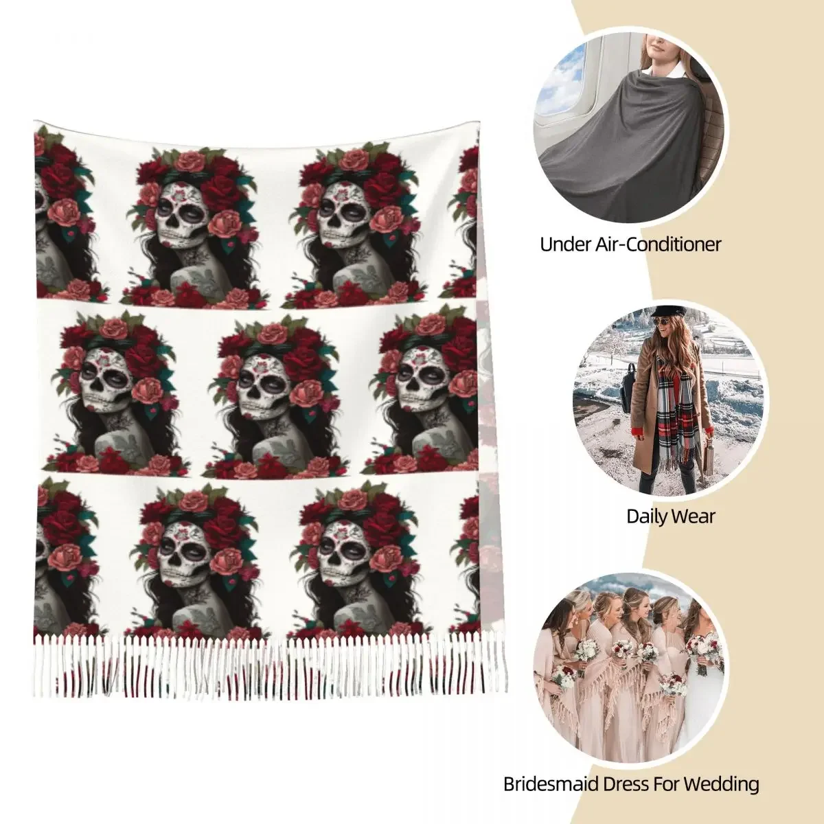 Мексиканский шарф День мертвых девушек шарфы с кисточками для женщин мягкие