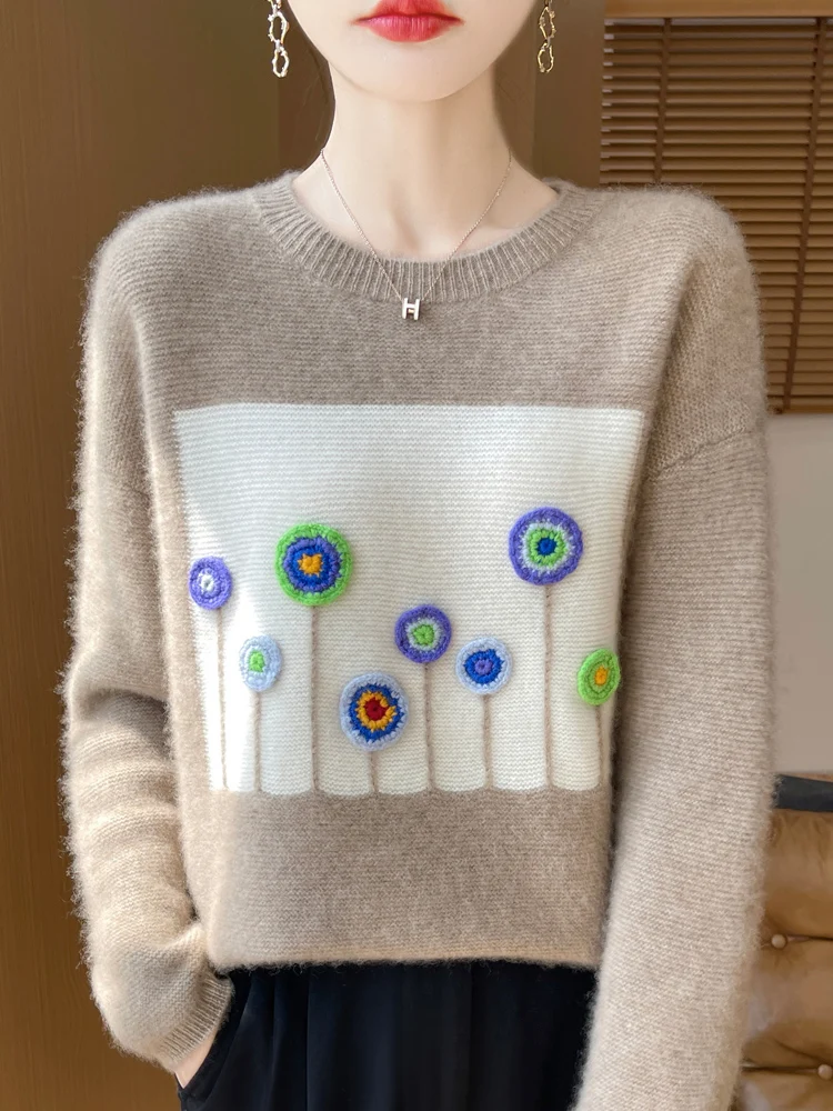 Осень и зима новый свитер из 100% шерсти женский вязаный топ с круглым вырезом