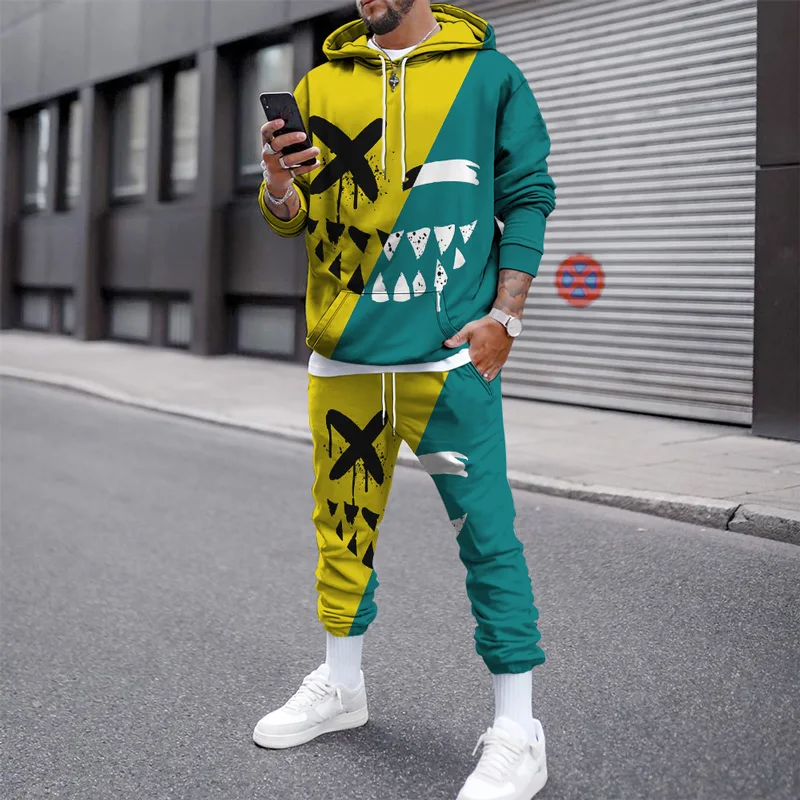 Autumn Winter Tracksuits Men's Set Hoodies Pants Suit Smile Face Thick Trousers Two-piece Pullover Sweatpants Casual Streetwear