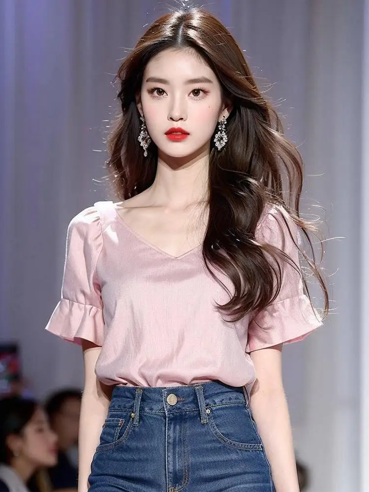 Модная женская рубашка с V-образным вырезом и коротким рукавом |