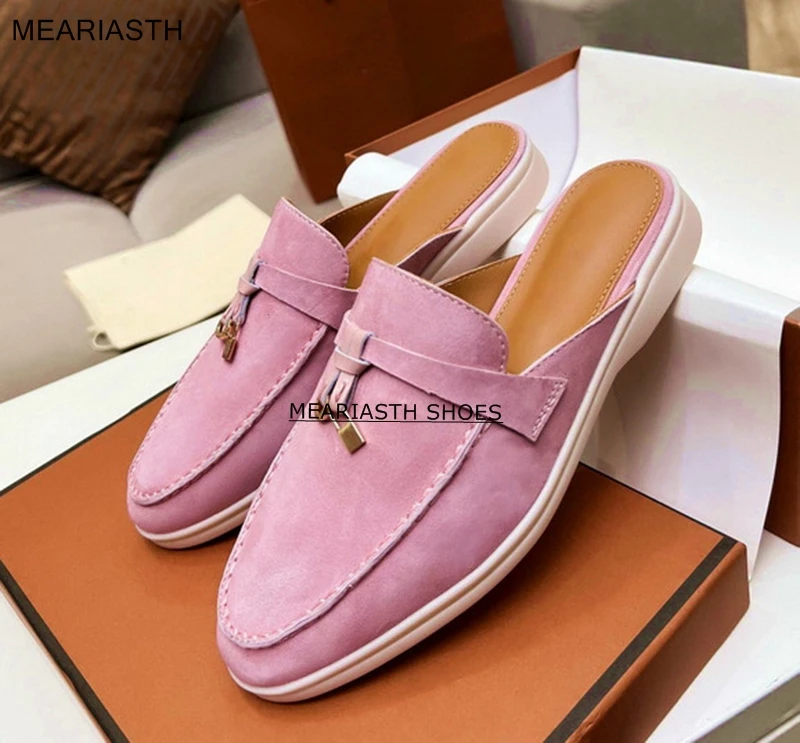 

meariasth Covered toe Women Shoes Flat Mules Summer Walk Slides Natural Suede Leather Loafers Comfort Casual Outdoor Slippers