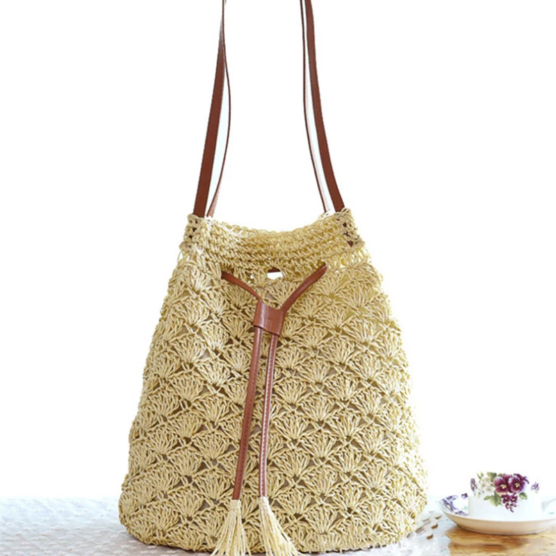 Соломенная Сумка-ведро ручной работы с кисточками маленькая плетеная Сумка
