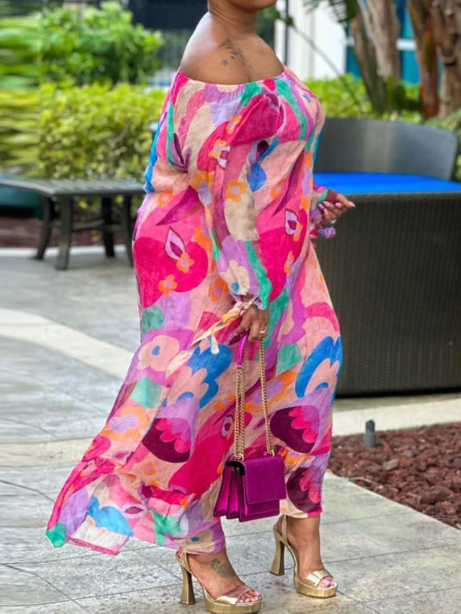 LW Plus Size dress Off The Shoulder Mixed Print Bandage Design Dress causal maxi dress Beach Long Dress Elegant Party Dresses