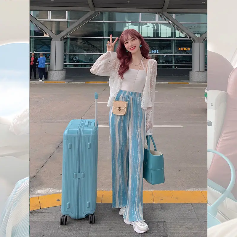 

Women 2022 Summer New Suits Loose Lace Sunscreen Shirts Female Camisole Top + Tie-dyed Straight Pants Ladies 3 Piece Sets R137
