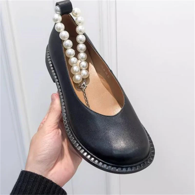 Женские туфли с жемчугом круглый носок низкий каблук цепочка Мэри Джейн ремешок