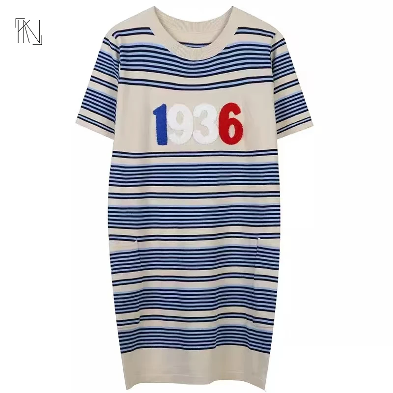

Striped Straight Ice Silk Knit Dress 2022 Summer Commuter Loose Round Neck Dress Korea Streetwear Free Shipping