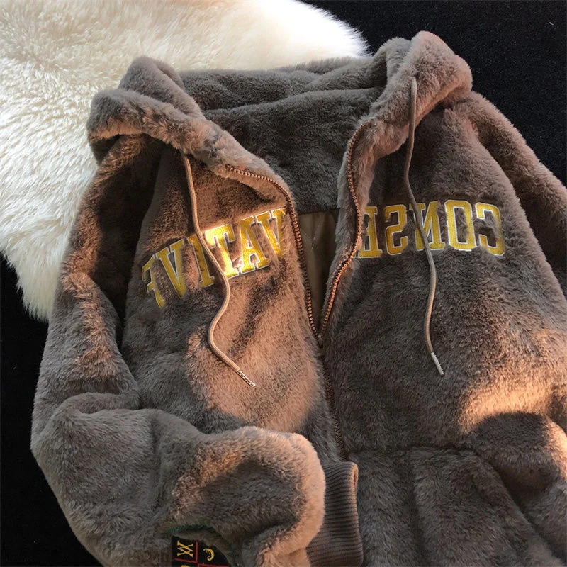 

American retro winter lamb plush women's jacket Korean street Harajuku style letter embroidery thick hooded cotton coat