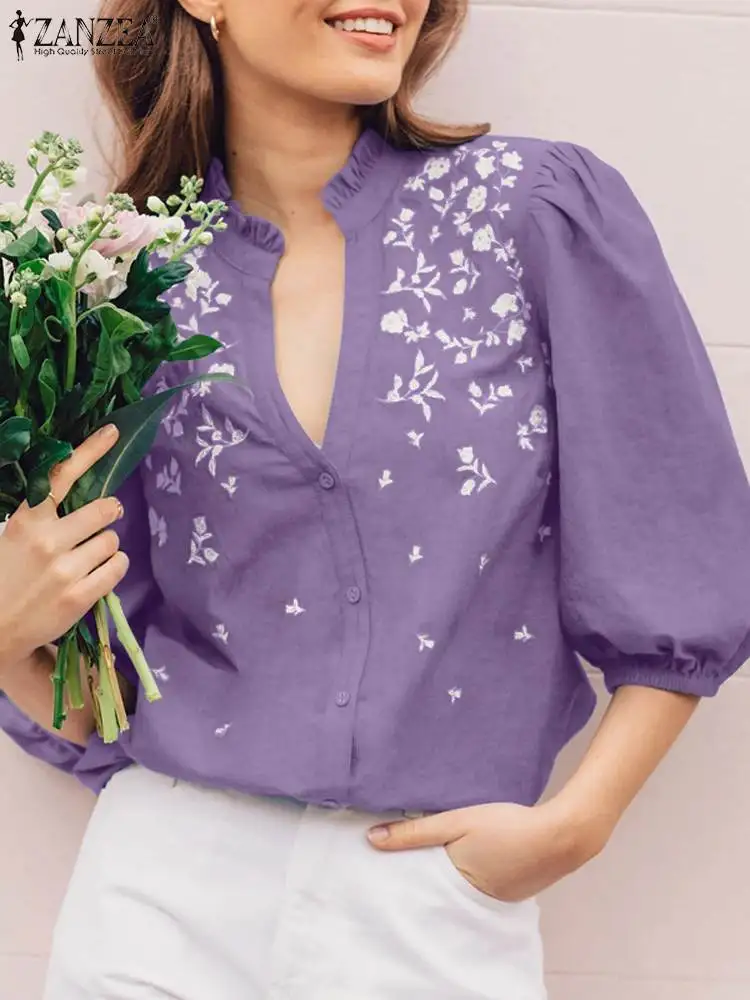 

ZANZEA Casual Stand Collar Chemise Vintage Flower Embroidery Shirts Women Summer 2023 Half Puff Sleeve Blouse Holiday Tunic Tops