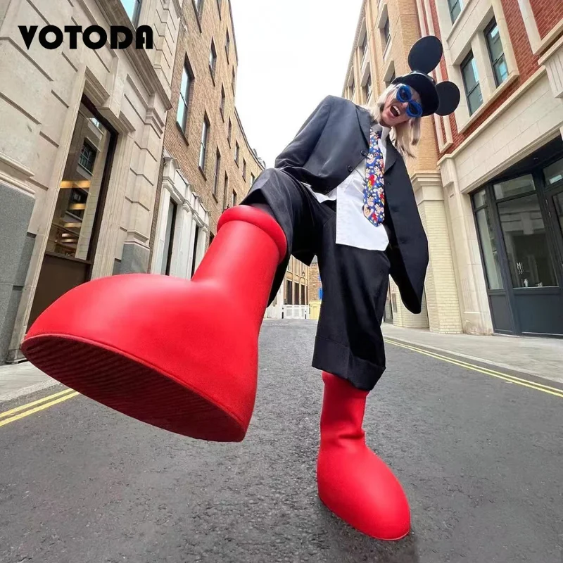 Big Red Boots for Women Men Fashion Street Style Unisex Big Red Boot EVA Rain Boot Round Toe Flat Catwalk Cartoon Boots Mid-calf