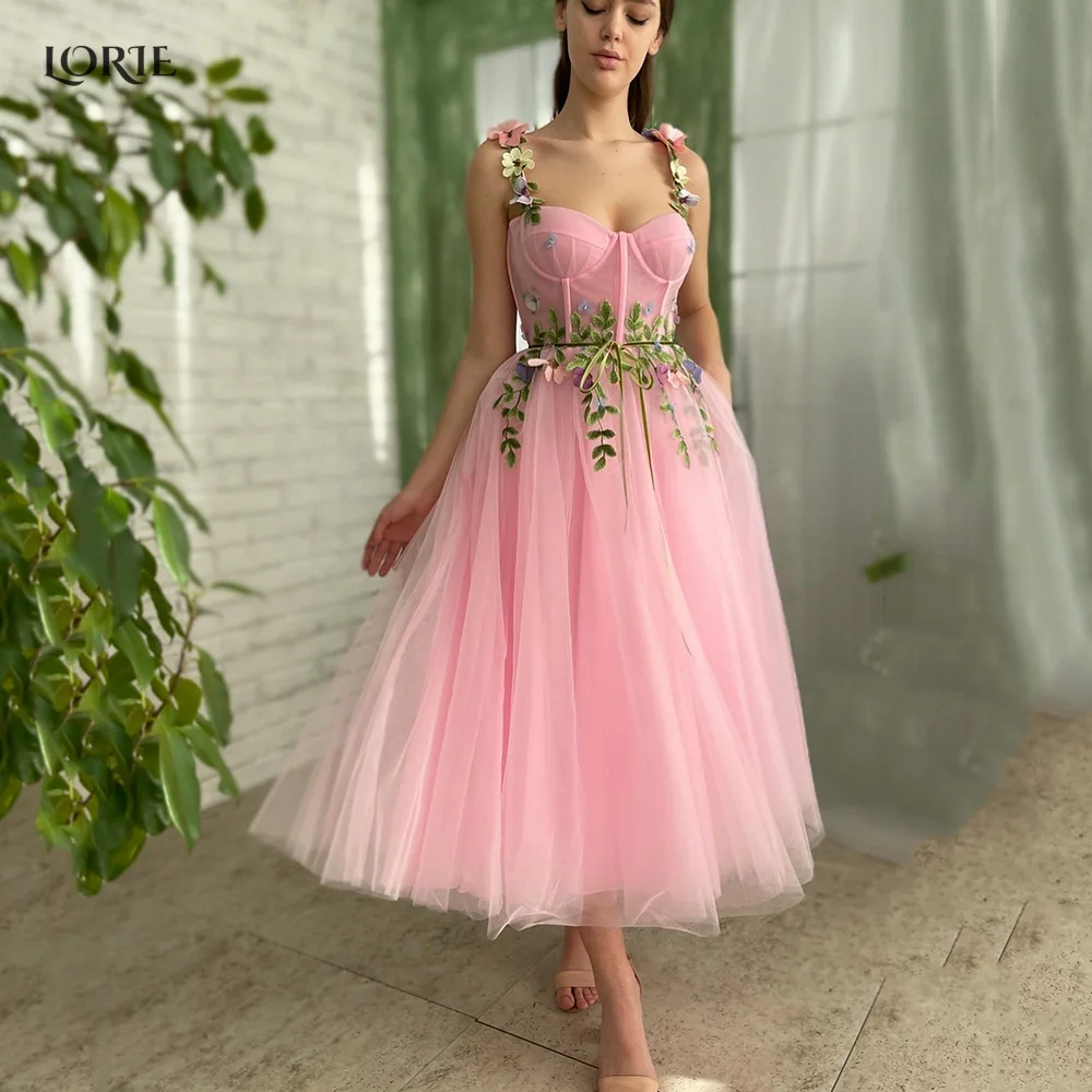 

LORIE A-Line Baby Pink Sweetheart Prom Dresses Green Leaves Lace Formal Party Gowns 3D Colorful Flowers Straps Evening Dress