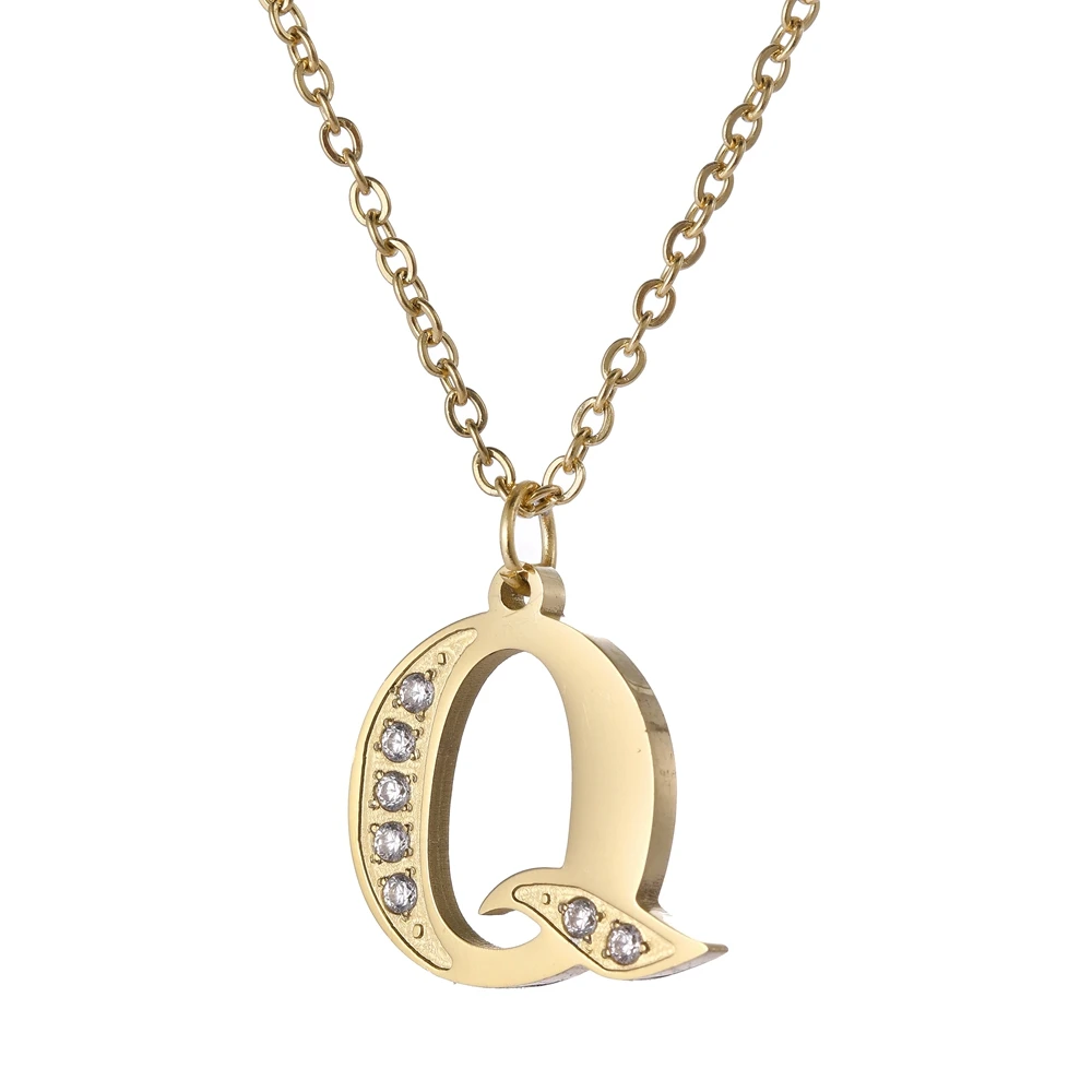 

Stainless Steel Jewelry Gold Color Steel Color 16x17mm Crystal Capital Letter Q Pendant Necklace With 45+5cm Link Chain