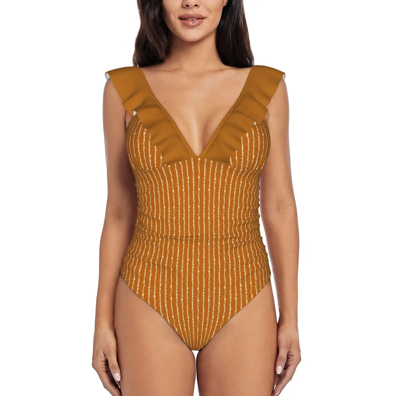 Сплошной купальник с принтом в полоску сгоревшего оранжевого цвета женский