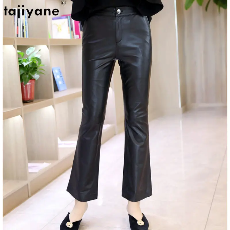 Tajiyane Genuine Leather Pants Women Casual High Waist Pants Korean Streetwear Trousers Women Clothing Boot Cut Slim Trousers SG