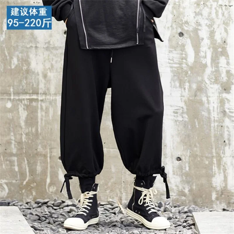 Drawstring trousers men's nine-point pants Yamamoto Yoji style black straight trend loose wide-leg pant large size casual black