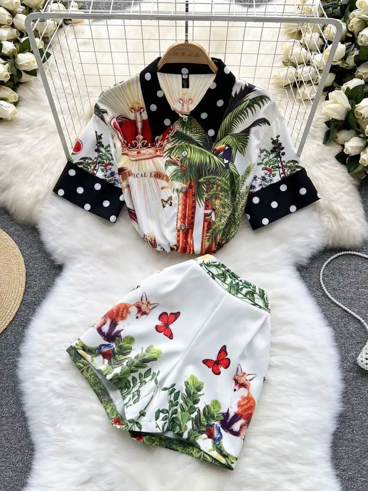

Summer Fashion Tropical Jungle Dot Shorts Suit Women Flower Crown Print Shirt Top + High Waist Pocket Shorts Two Piece Set