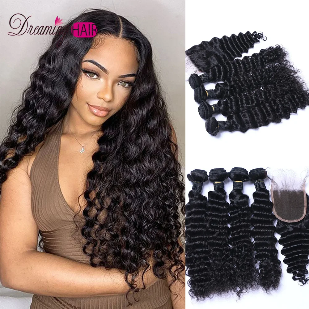 

Deep Wave Human Hair Bundles With 5X5 HD Closure Malaysian Human Hair Weave Bundles With Closure Remy Hair Extension For Women