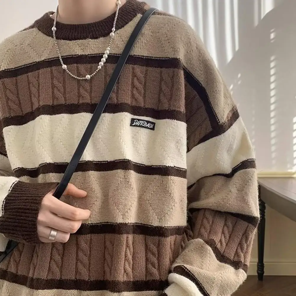 

Contrast Color Striped Sweater Men's Thickened Casual Pullovers Retro Striped Sweaters with O-neck Long Sleeves for Autumn