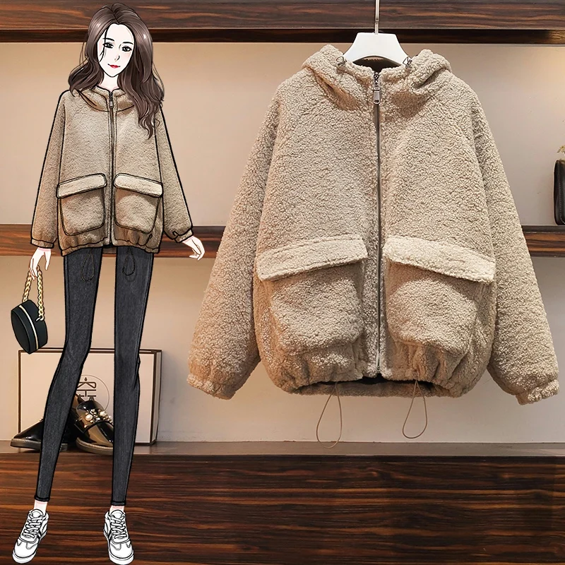 

Large women's jacket jacket 2022 spring new style foreign style versatile Korean thick Plush loose hooded jacket