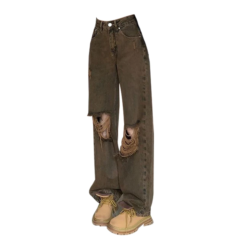 

New Hot Girl Retro Hole High Waisted Wash Brown Wide Leg Jeans For Women Button Do Old Trousers Design