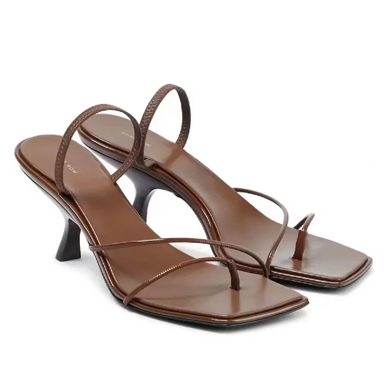 

The Row New Genuine Leather Vintage Square Toe Clip Toe Strap Cat Heel Sandals Fashion High Heel Muller women