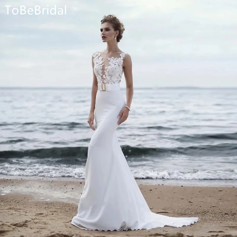 

Женское свадебное платье с юбкой-годе, Прозрачное платье с круглым вырезом без рукавов, Пляжное официальное платье, женское платье для невесты