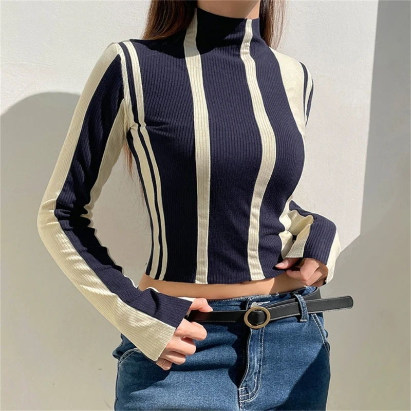 

Женский Повседневный свитер в полоску с высоким воротником, осенняя тонкая трикотажная рубашка, женская верхняя одежда с длинным рукавом, п...