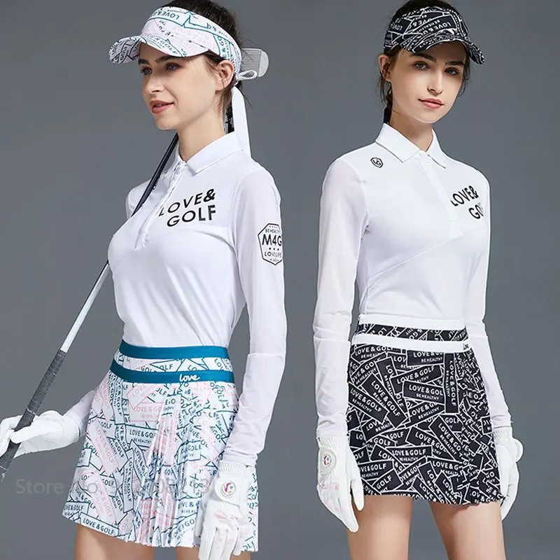 

Love Lady Golf Sunscreen Ice Silk Golf Shirt Printed Pleated Skirt Women Long Sleeve Sports Tops High Wasit A-line Skirt Set
