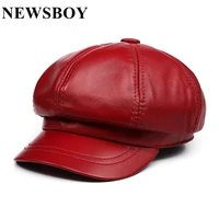 newsboy cap women red genuine leather vintage hat 2022 new baker boy cap high quality brand ladies winter octagonal cap