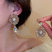 shine full rhinestone flower asymmetry drop earrings for women vintage long tassel crystal earrings weddings party jewelry