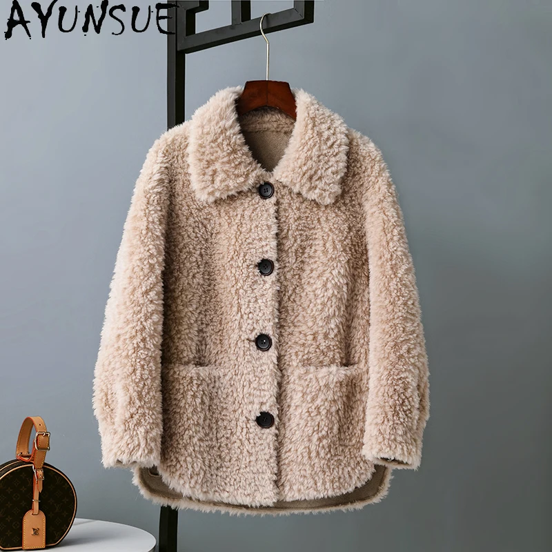 AYUNSUE Korean Women's Winter Coats Sheep Shearling Coat Women Fashion Wool Fur Coat Thicken Warm Female Clothing Fur Jacket Lq