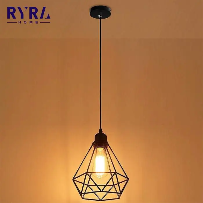

High Quality Metal Guard Pendant Bulb Cage Diamond Shaped Metal Wire Cage Ceiling Hanging Lampshade For Light Bulbs Wholesale