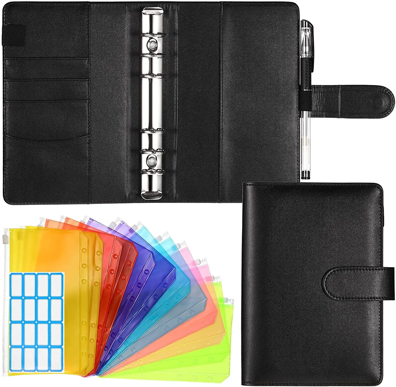 

12 Pieces A6 Binder PVC Pocket with 1 Piece A6 PU Leather Binder Cover Refillable 6 Ring Binder and 1 Sheet Self-Adhesive Labels
