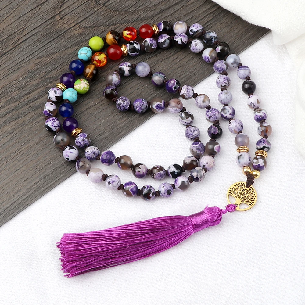 

Charm Purple Fire Agate Onyx Bead Multilayer Bracelet Prayer Meditation Tassel Pendant Necklace Women Chakra Yoga Bangle Jewelry