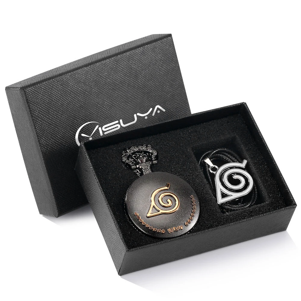 

Japanese Anime Fashion Necklace Pocket Watch with Leather Necklace Pendant Gift Box Set Collect Steampunk Vintage Pocket Clock