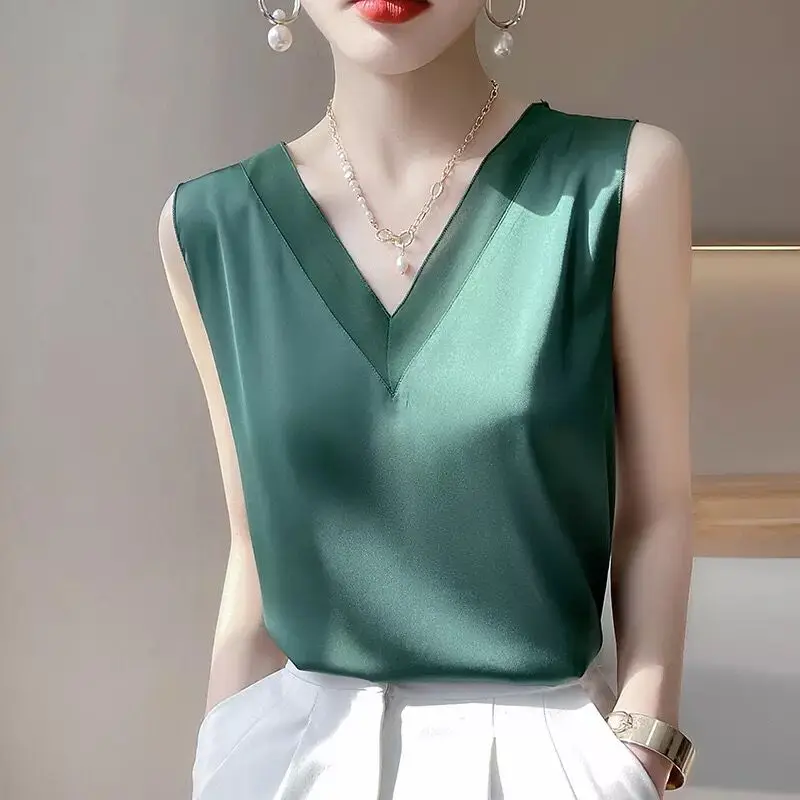 

Summer Silk Chiffon Camisole Women's Vest Fashion V-Neck Stitching Elegant Office Satin Blouse Women All-Match Basic T-Shirt