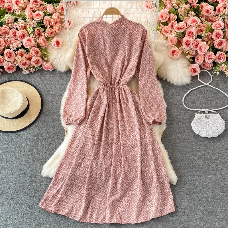 Женское винтажное платье с длинным рукавом розовое цветочным принтом в стиле