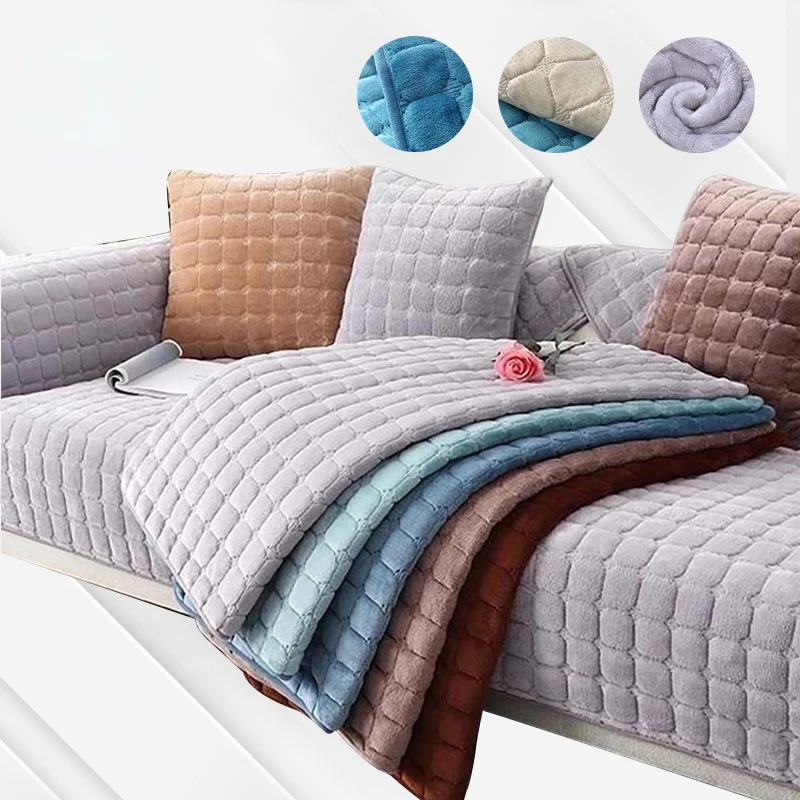 

Solid Color Non-slip Sofa Cover Thicken Soft Plush Sofa Cushion Towel for Living Room Furniture Decor Slipcovers Couch Covers