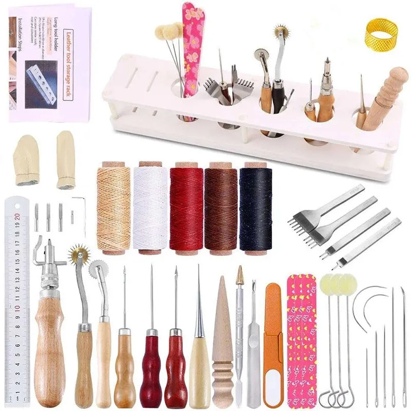 Imzay 39 PCS Leather Working Tooling kit With Instructions Scratch Wire Wheels Waxed Thread For Leather Sewing
