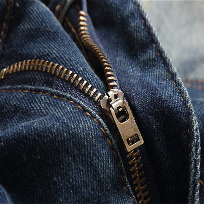 Men's Trendy Straight Leg Stacked Jeans Punk Vintage Biker Zipper Pocket Motorcycle Pants Fashion Patchwork Male Denim Trousers