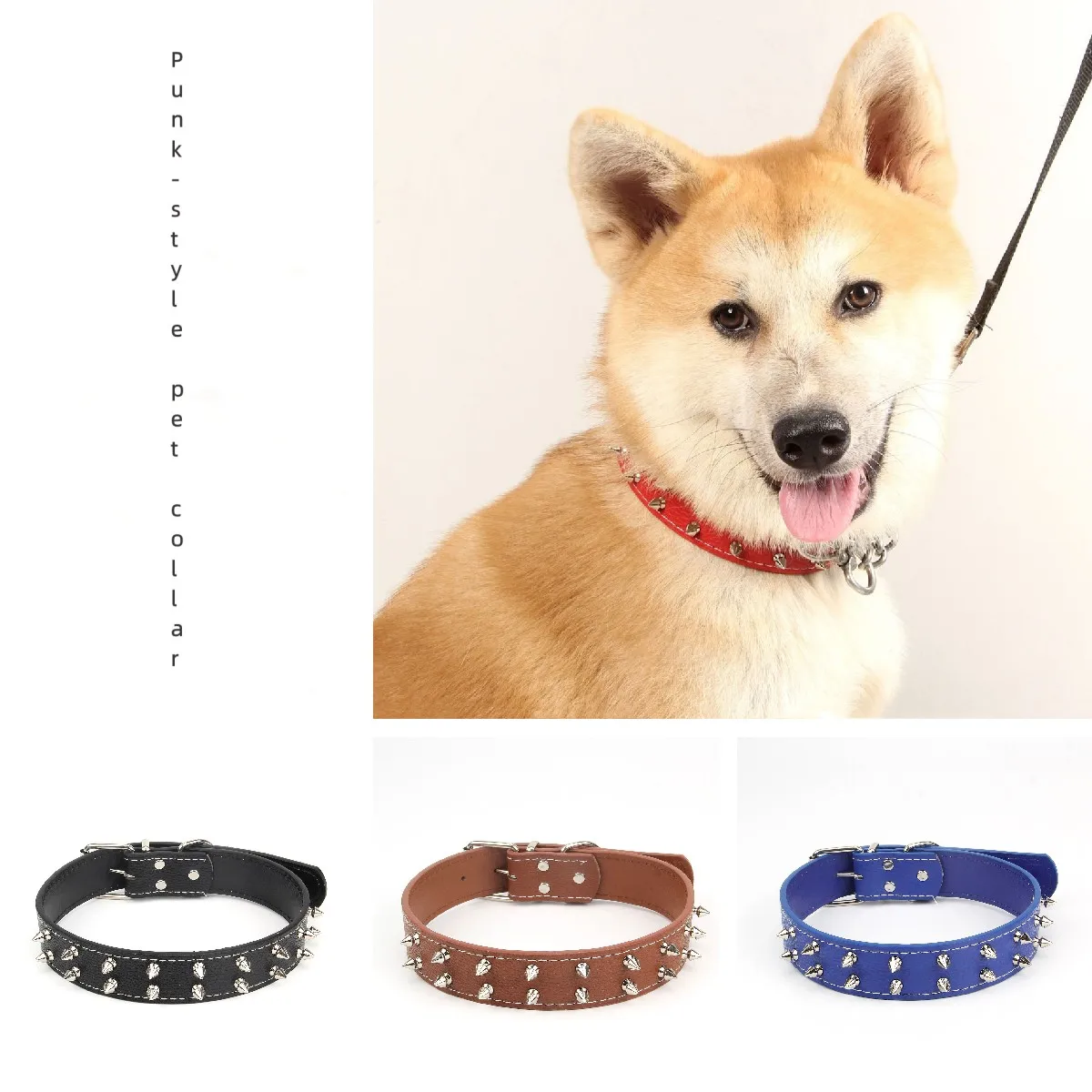 

Adjustable Leather Large Pet Dog Collar Neck Strap PU Leather Punk Rivet Spiked Dog Collar Pet Collars Pet Accessories Supplies