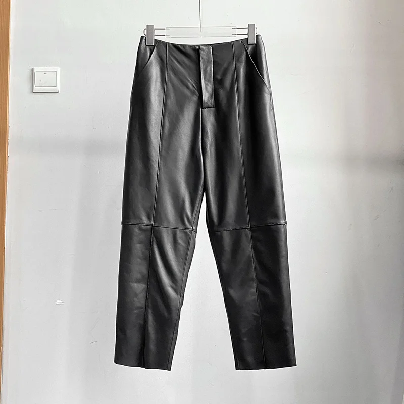 Women Real Leather Trousers Lady Fashion Long Pants Sheepskin High Waist Zipper TF5298