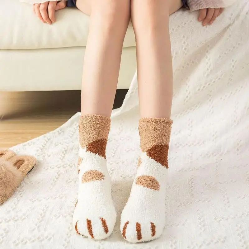 

Autumn and winter coral fleece socks female mid-tube cat floor half fleece paw pile fleece thickening warm socks plus pile G4P1