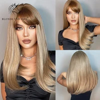 blonde unicorn synthetic hair wigs with bangs medium straight ombre brown blonde for black white women heat resistant fiber