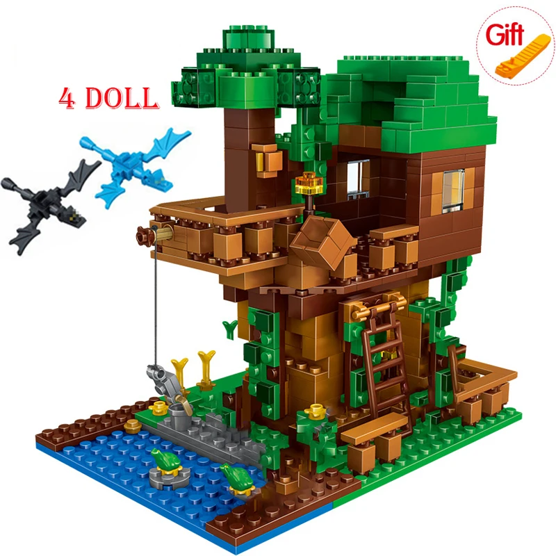 

The Tree House Small Building Blocks Sets With Steve Action Figures Compatible My World MinecraftINGlys Sets Toys For Children