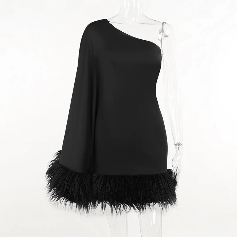 Women Elegant Mini Dress Feather Sexy One Shoulder Batwing Sleeve Formal Evening Dress Fashion Club Party Cocktail Dresses
