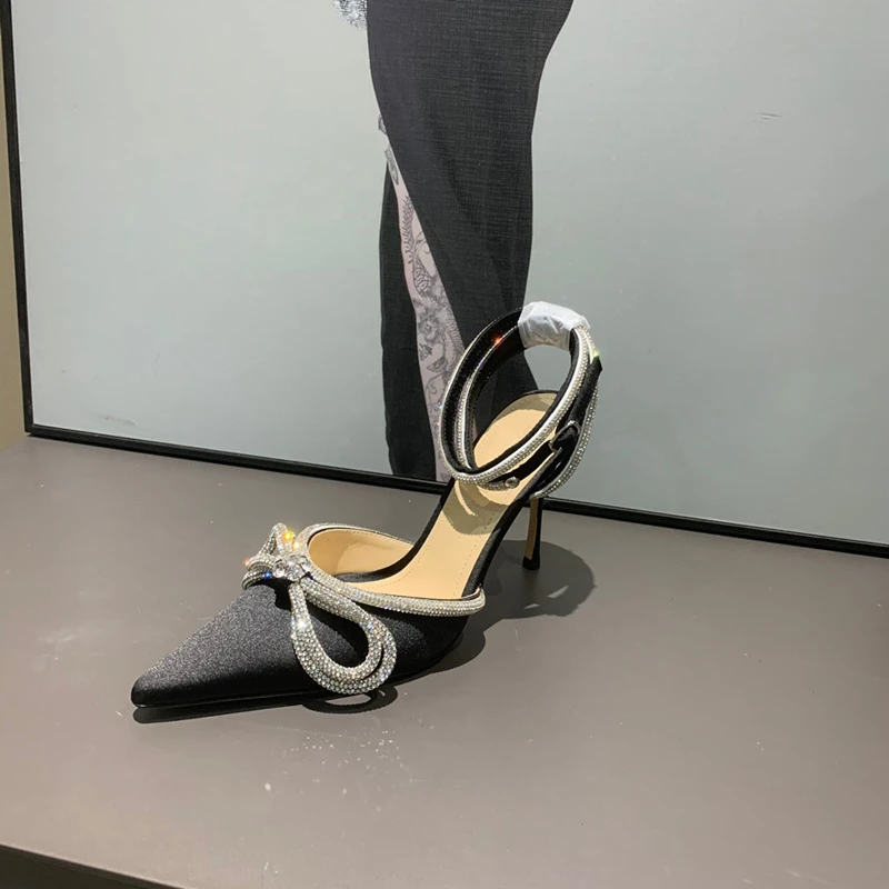 2023 Summer New Pointed Heels Rhinestone Bow Sandals Roman Straps Shoes for women's Fashion Sequin Shoes