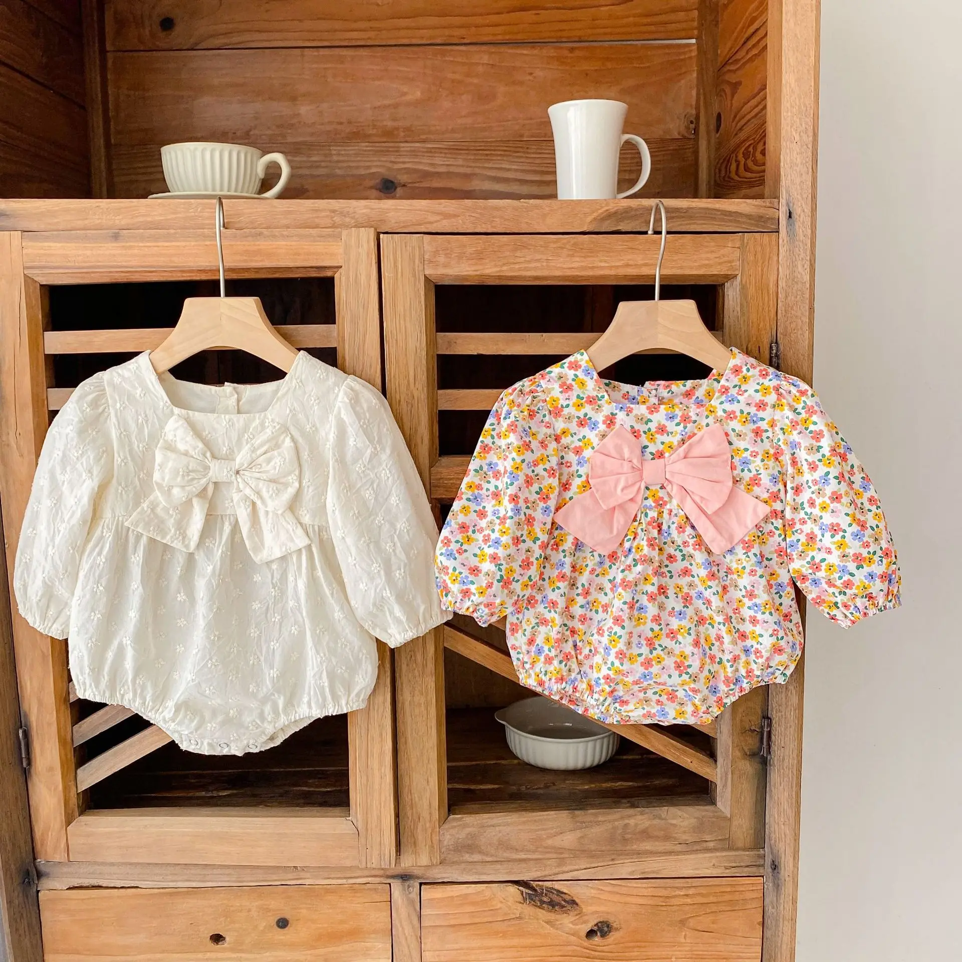 2022 Autumn New Baby Girl Long Sleeve Bodysuit Floral Bow Princess Cotton Jumpsuit Infant Toddler Girl Clothes