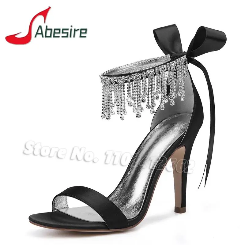 

Black Crystal Tassel Sandals Luxury Rhinestone Ankle Lace-Up High Heels Summer Open Toe Stiletto Banquet Wedding Bridal Shoes