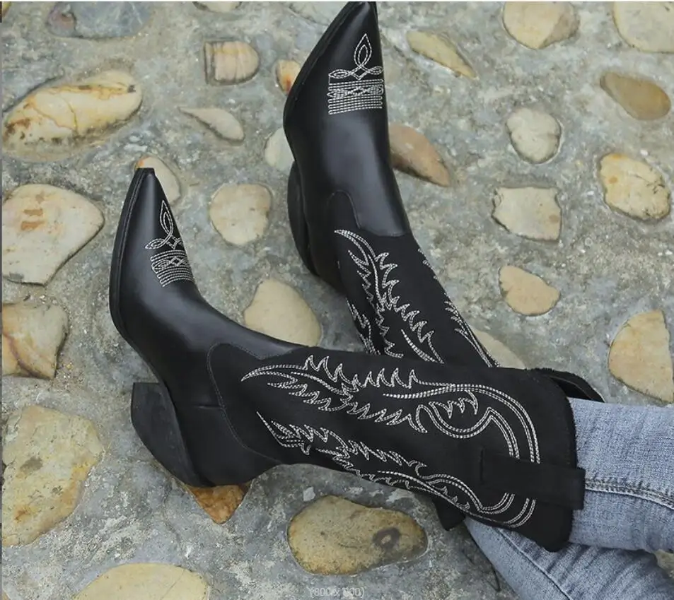 Fashion Embossed Microfiber Leather Women Boots Pointed Toe Western Cowboy Boots Women Knee-High Boots Chunky Thick heel boots